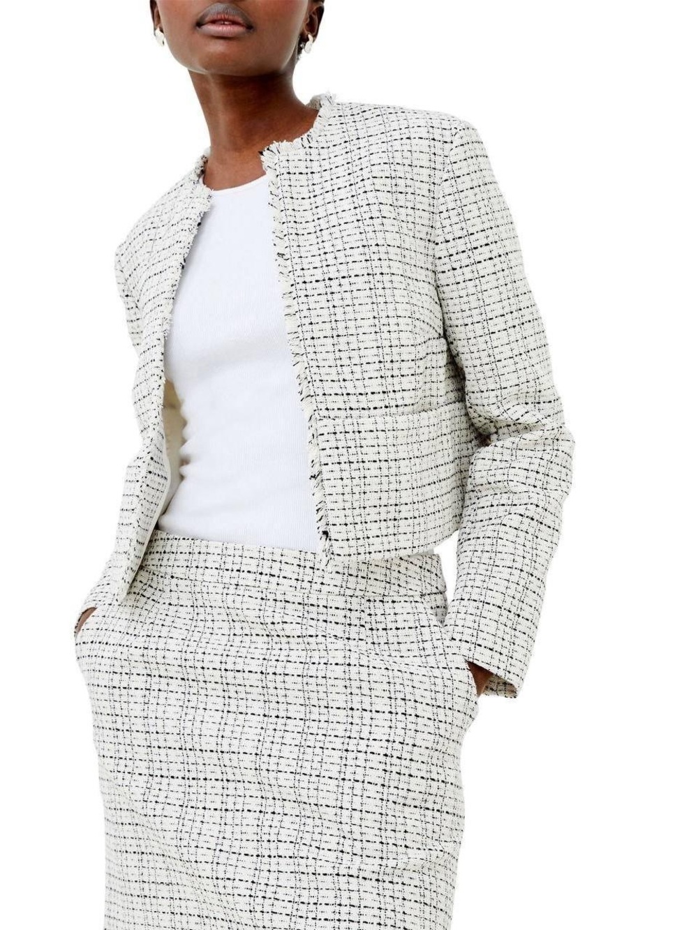 French Connection White Tweed Crop Blazer with Black Check